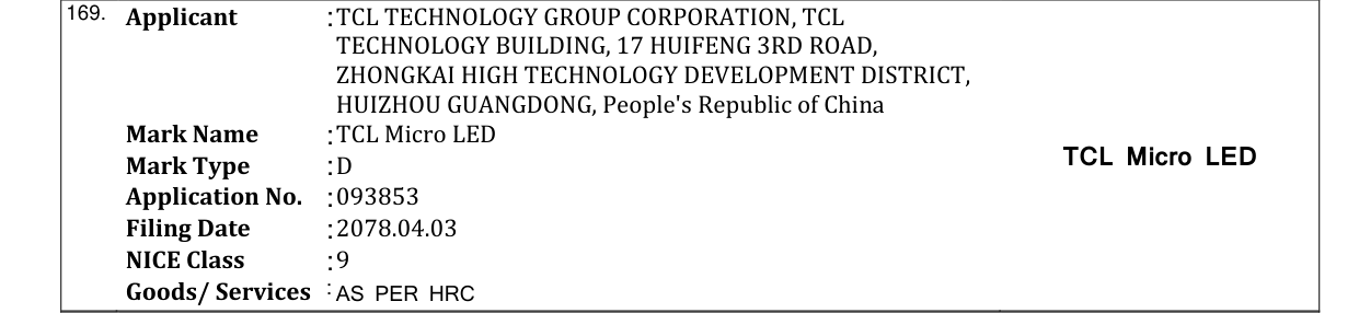 Original bulletin entry for TCL Micro LED