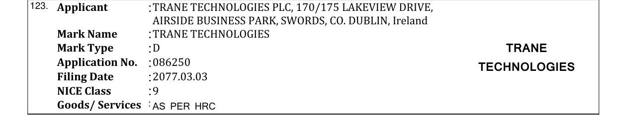 Original bulletin entry for TRANE TECHNOLOGIES