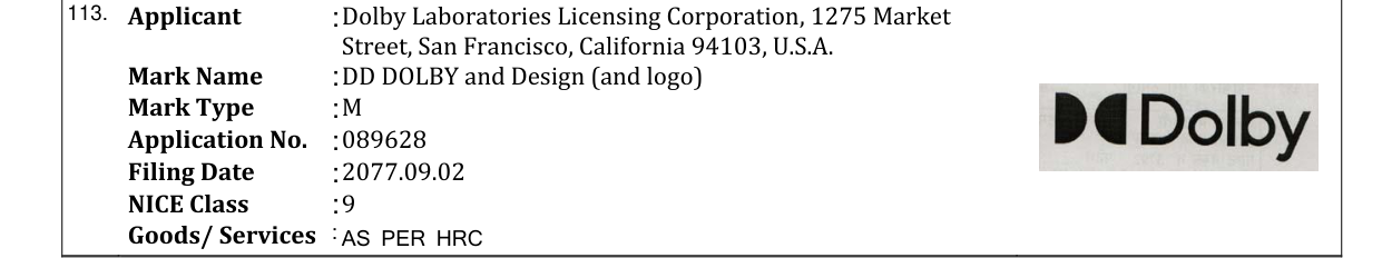 Original bulletin entry for DD DOLBY and Design (and logo)