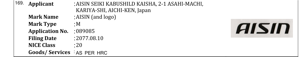 Original bulletin entry for AISIN (and logo)