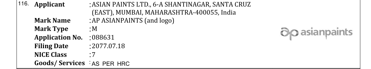 Original bulletin entry for AP ASIANPAINTS (and logo)