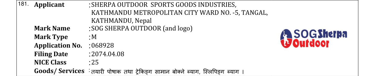 Original bulletin entry for SOG SHERPA OUTDOOR (and logo)