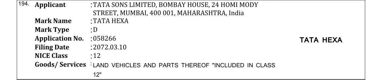 Original bulletin entry for TATA HEXA