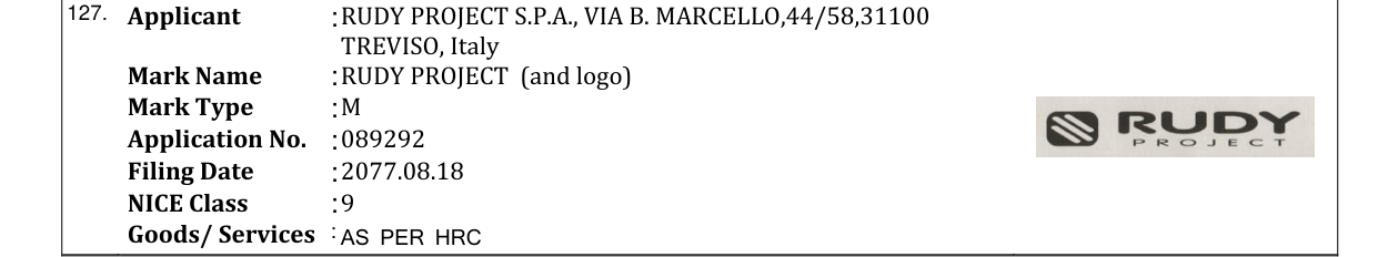 Original bulletin entry for RUDY PROJECT (and logo)