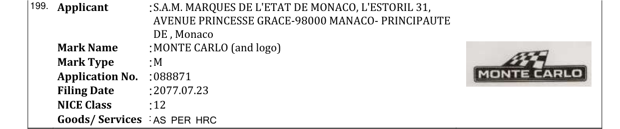 Original bulletin entry for MONTE CARLO (and logo)