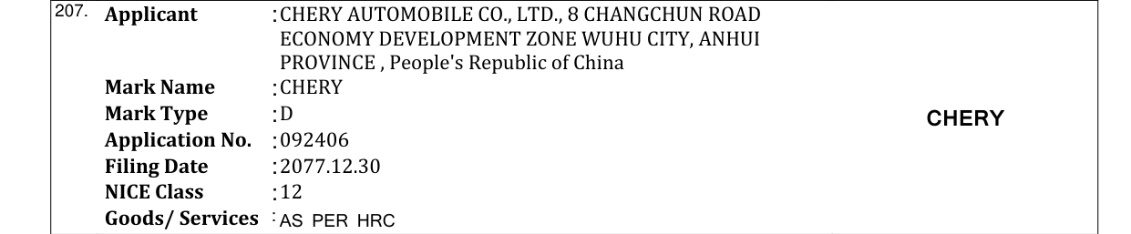 Original bulletin entry for CHERY