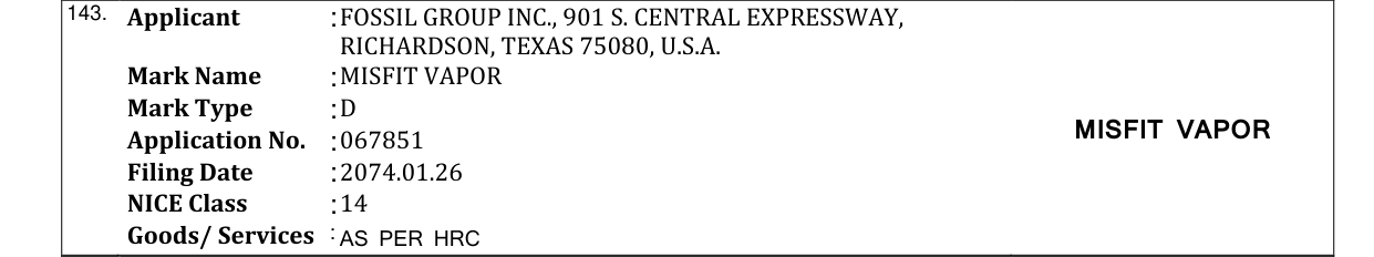 Original bulletin entry for MISFIT VAPOR