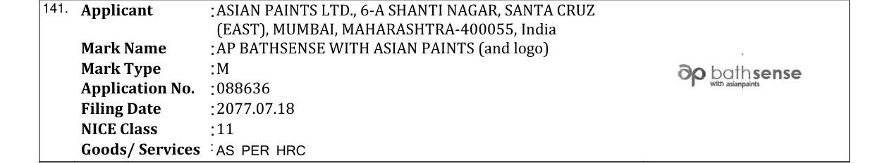 Original bulletin entry for AP BATHSENSE WITH ASIAN PAINTS (and logo)