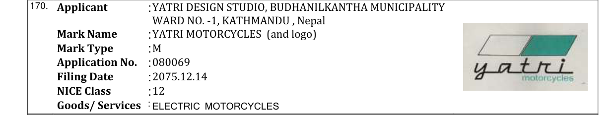 Original bulletin entry for YATRI MOTORCYCLES (and logo)