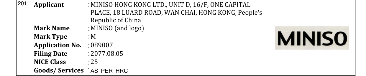 Original bulletin entry for MINISO (and logo)