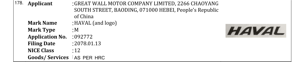 Original bulletin entry for HAVAL (and logo)