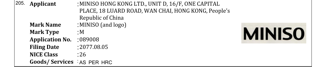 Original bulletin entry for MINISO (and logo)
