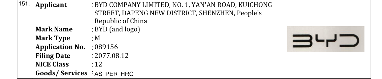 Original bulletin entry for BYD (and logo)