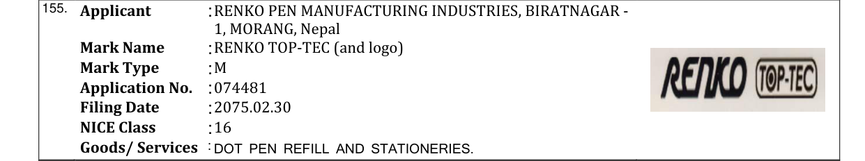 Original bulletin entry for RENKO TOP-TEC (and logo)