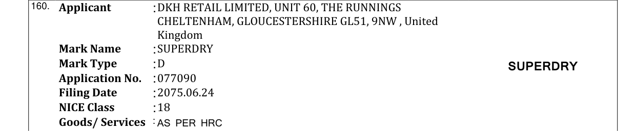 Original bulletin entry for SUPERDRY