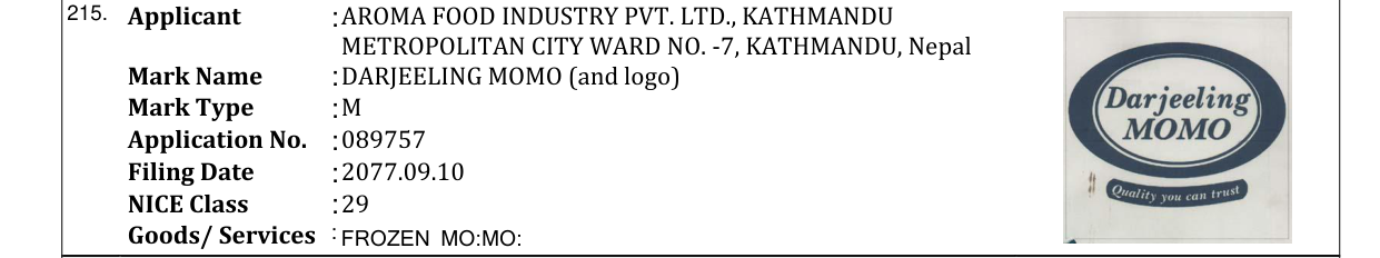 Original bulletin entry for DARJEELING MOMO (and logo)