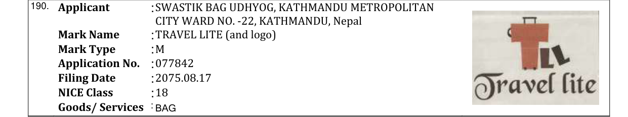 Original bulletin entry for TRAVEL LITE (and logo)
