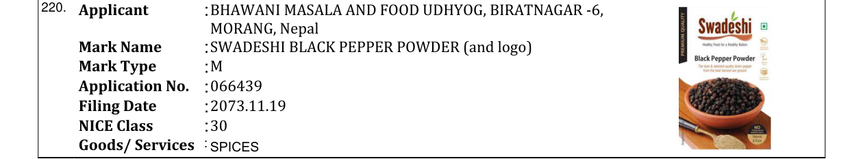 Original bulletin entry for SWADESHI BLACK PEPPER POWDER (and logo)