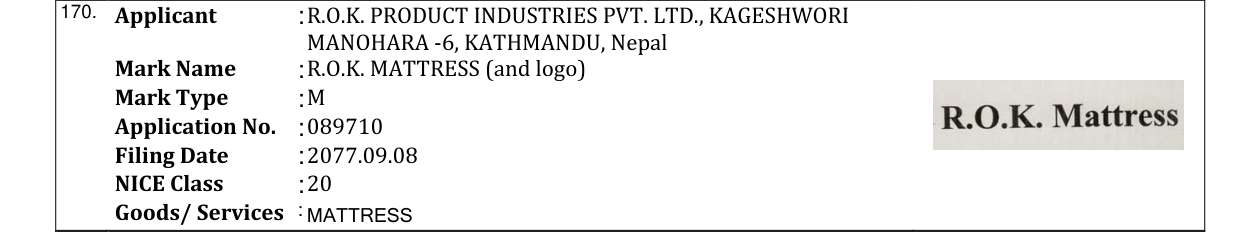 Original bulletin entry for R.O.K. MATTRESS (and logo)