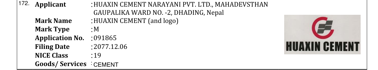Original bulletin entry for HUAXIN CEMENT (and logo)