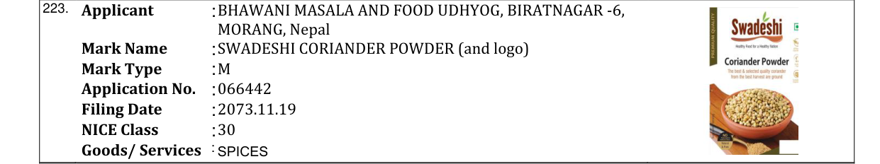 Original bulletin entry for SWADESHI CORIANDER POWDER (and logo)