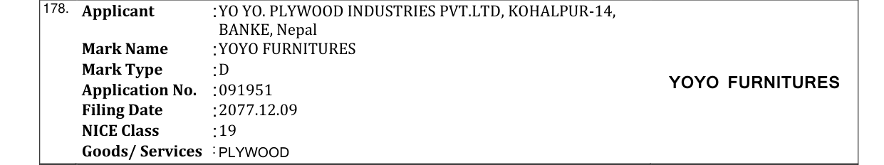 Original bulletin entry for YOYO FURNITURES