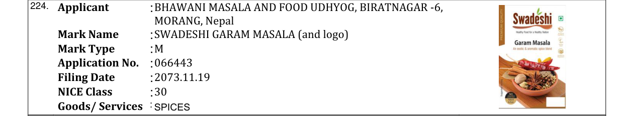Original bulletin entry for SWADESHI GARAM MASALA (and logo)
