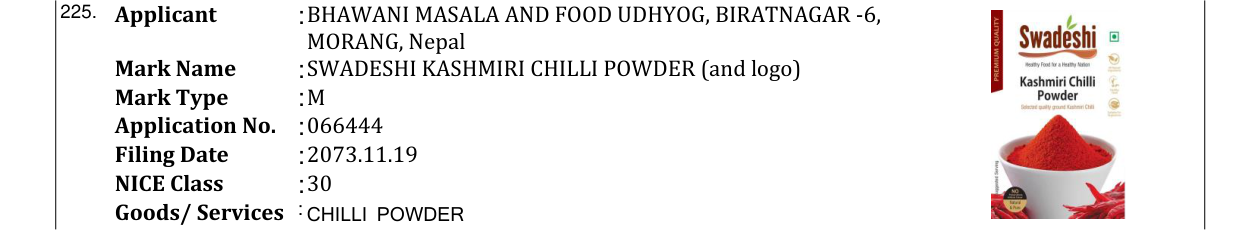Original bulletin entry for SWADESHI KASHMIRI CHILLI POWDER (and logo)