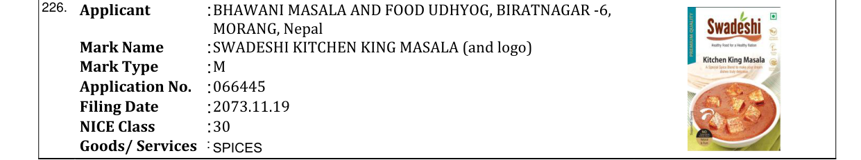 Original bulletin entry for SWADESHI KITCHEN KING MASALA (and logo)