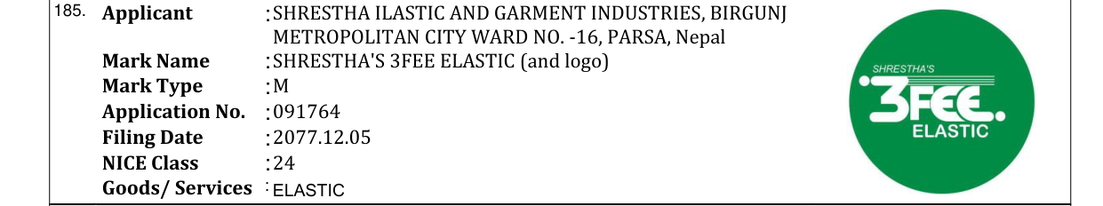 Original bulletin entry for SHRESTHA'S 3FEE ELASTIC (and logo)