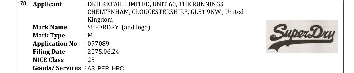 Original bulletin entry for SUPERDRY (and logo)