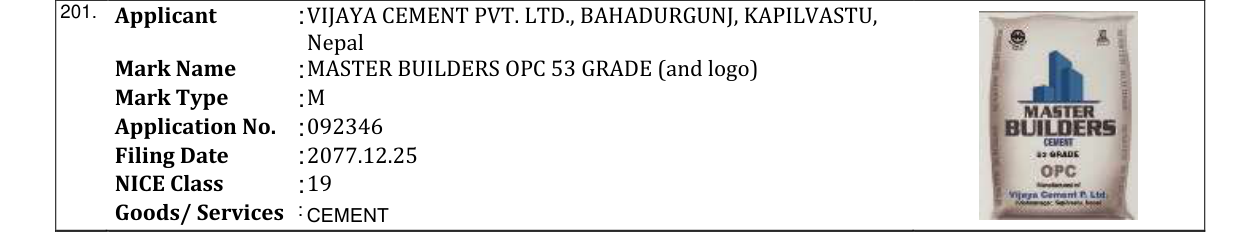 Original bulletin entry for MASTER BUILDERS OPC 53 GRADE (and logo)