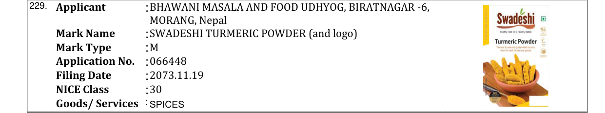 Original bulletin entry for SWADESHI TURMERIC POWDER (and logo)
