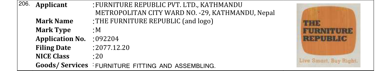 Original bulletin entry for THE FURNITURE REPUBLIC (and logo)