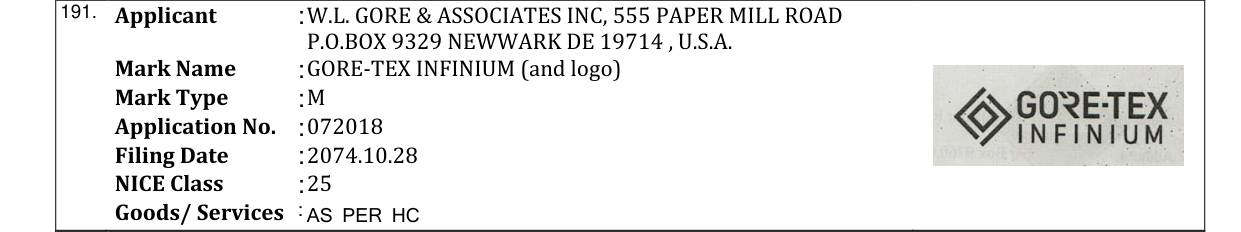 Original bulletin entry for GORE-TEX INFINIUM (and logo)