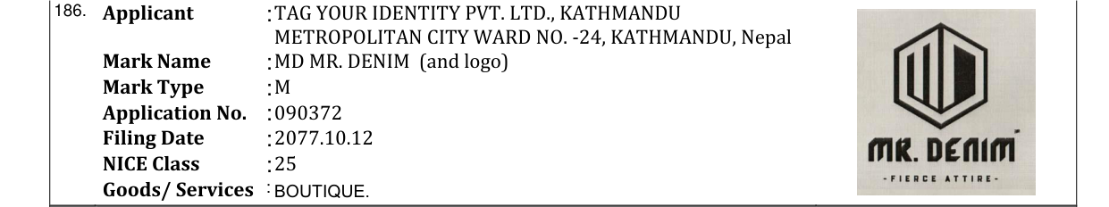 Original bulletin entry for MD MR. DENIM (and logo)