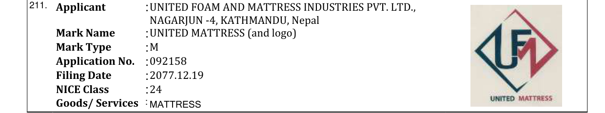 Original bulletin entry for UNITED MATTRESS (and logo)