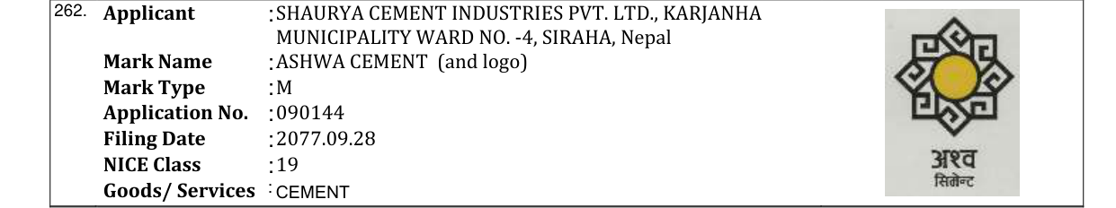 Original bulletin entry for ASHWA CEMENT (and logo)