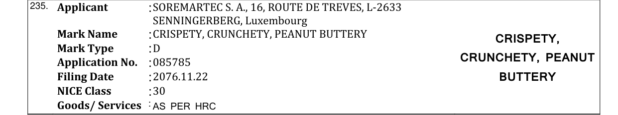 Original bulletin entry for CRISPETY, CRUNCHETY, PEANUT BUTTERY CRISPETY,