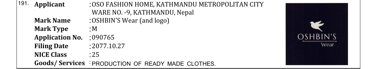 Original bulletin entry for OSHBIN'S Wear (and logo)