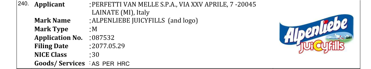 Original bulletin entry for ALPENLIEBE JUICYFILLS (and logo)
