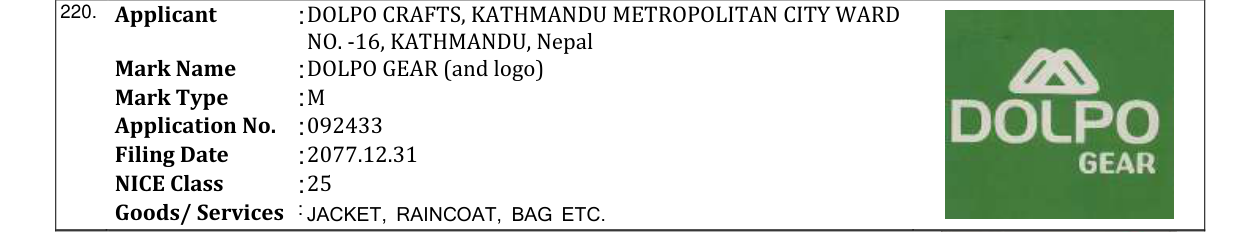 Original bulletin entry for DOLPO GEAR (and logo)