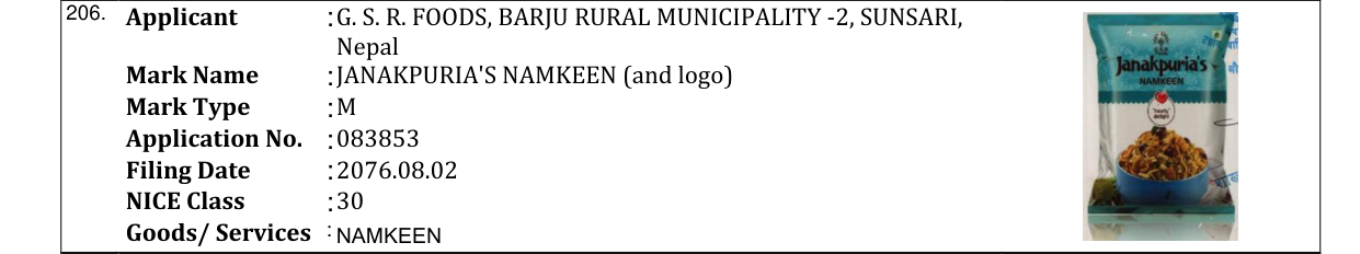 Original bulletin entry for JANAKPURIA'S NAMKEEN (and logo)