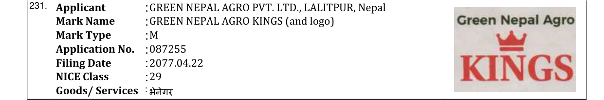 Original bulletin entry for GREEN NEPAL AGRO KINGS (and logo)