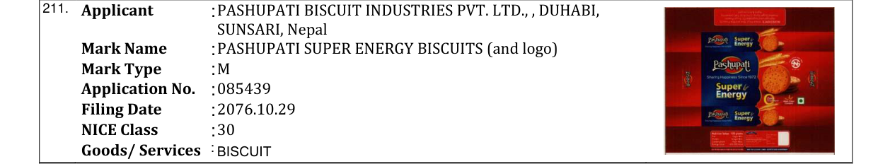 Original bulletin entry for PASHUPATI SUPER ENERGY BISCUITS (and logo)