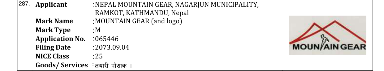 Original bulletin entry for MOUNTAIN GEAR (and logo)