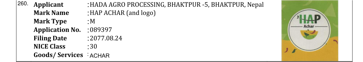 Original bulletin entry for HAP ACHAR (and logo)