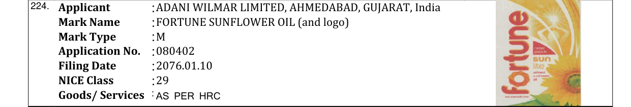 Original bulletin entry for FORTUNE SUNFLOWER OIL (and logo)