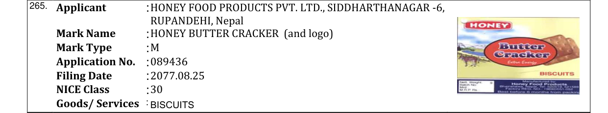 Original bulletin entry for HONEY BUTTER CRACKER (and logo)