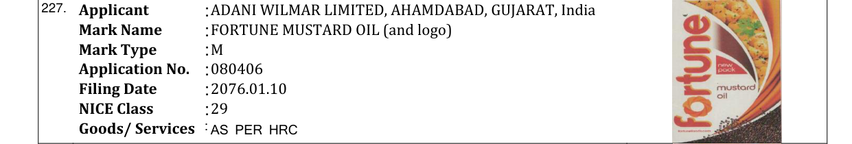 Original bulletin entry for FORTUNE MUSTARD OIL (and logo)